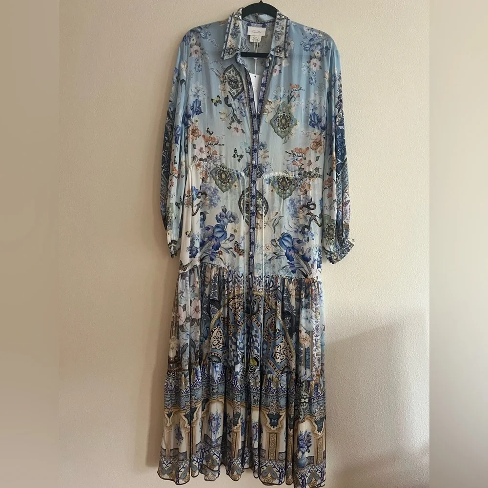 NWT Camilla Floral Silk Tiered Midi Shirtdress Size XS crystals blue - Picture 12 of 15